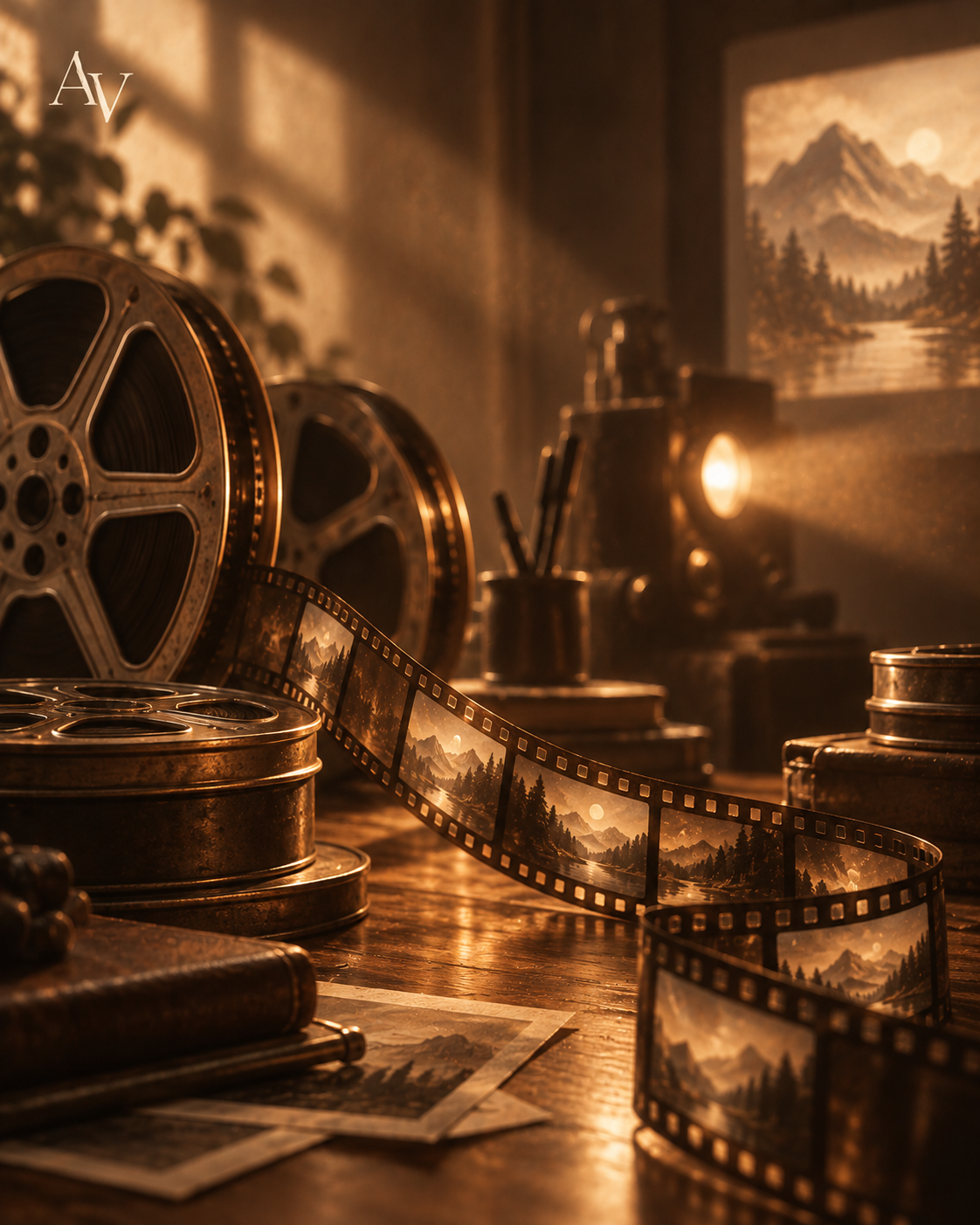 A warm film editing workspace with reels, film strips, and a projector